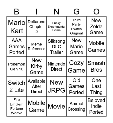 Nintendo Direct Bingo Card