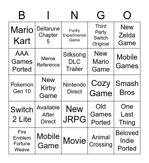 Nintendo Direct Bingo Card