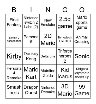 Nintendo Direct 2026 Bingo Card