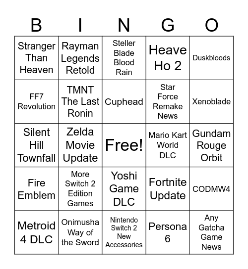 Nintendo Direct Bingo Card