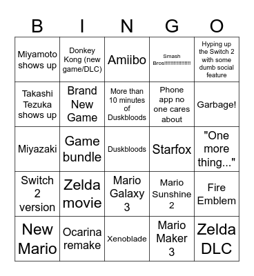 Nintendo Direct 2026/6/9 Bingo Card