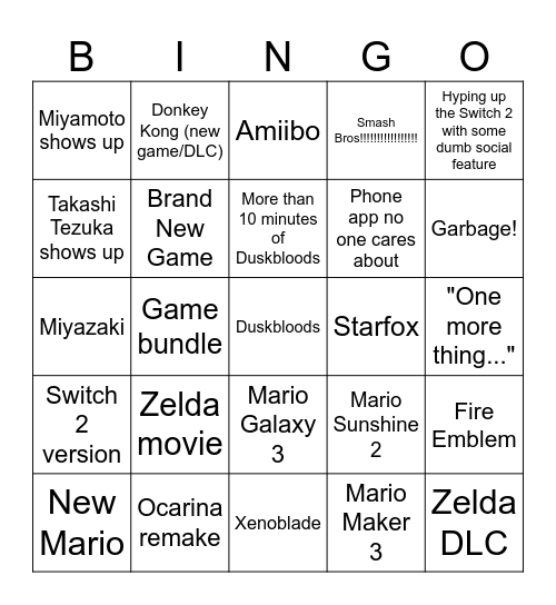 Nintendo Direct 2026/6/9 Bingo Card