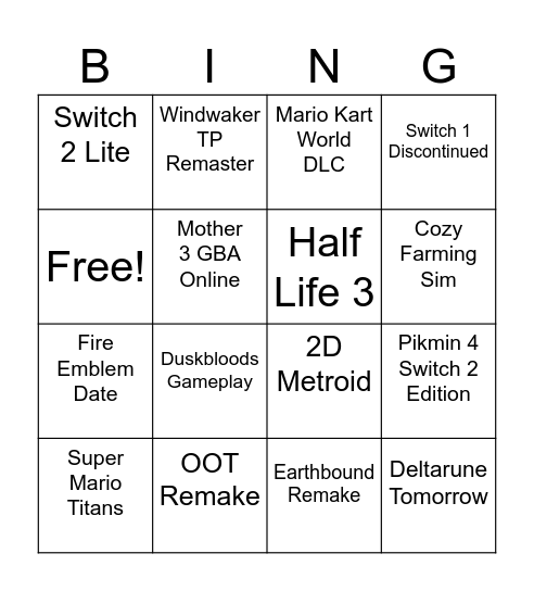 Nintundo Direct Bingo Card
