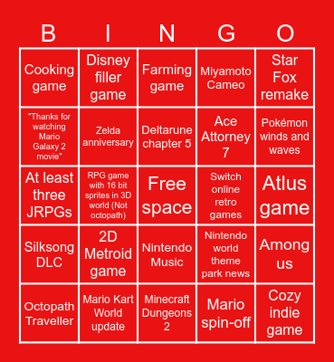 Nintendo Direct 06.09.26 Bingo Card