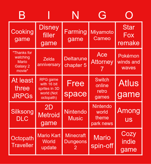 Nintendo Direct 06.09.26 Bingo Card