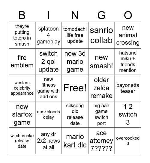 nintendo direct june 2026 bingo Card