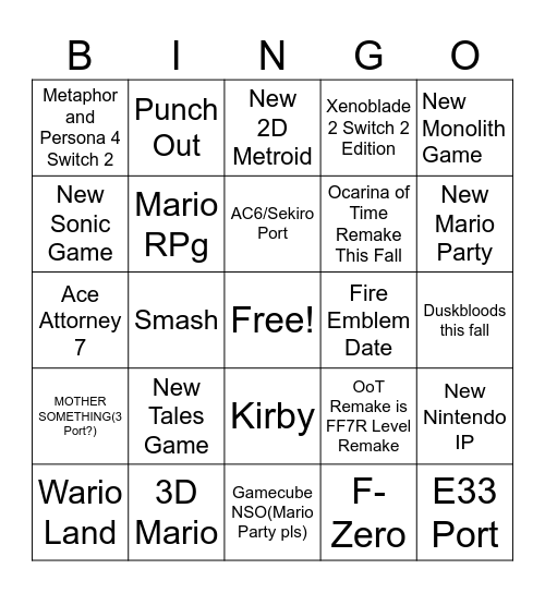 Nintendo Direct Bingo Card