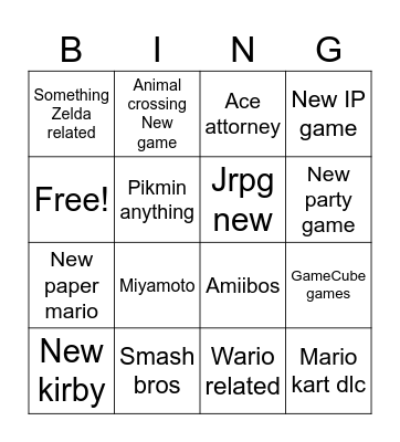 Nintendo direct Bingo Card