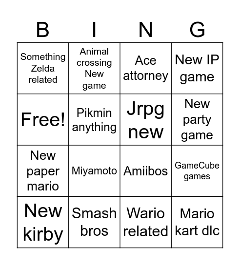 Nintendo direct Bingo Card