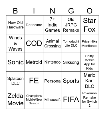 Nintendo Direct Bingo Card