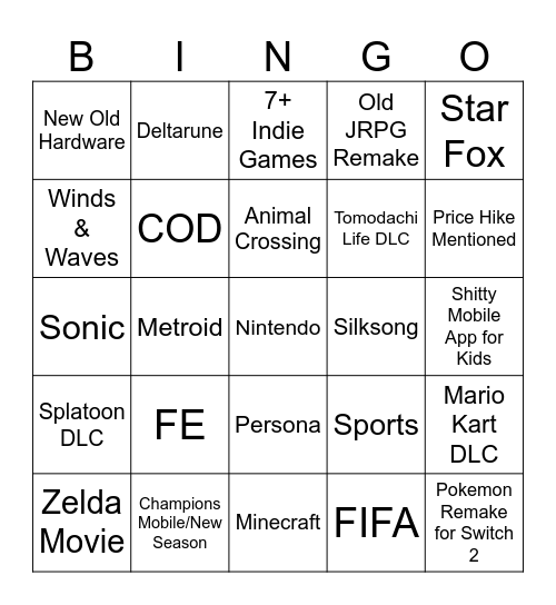 Nintendo Direct Bingo Card
