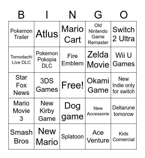 Nintendo Direct 26 Bingo Card