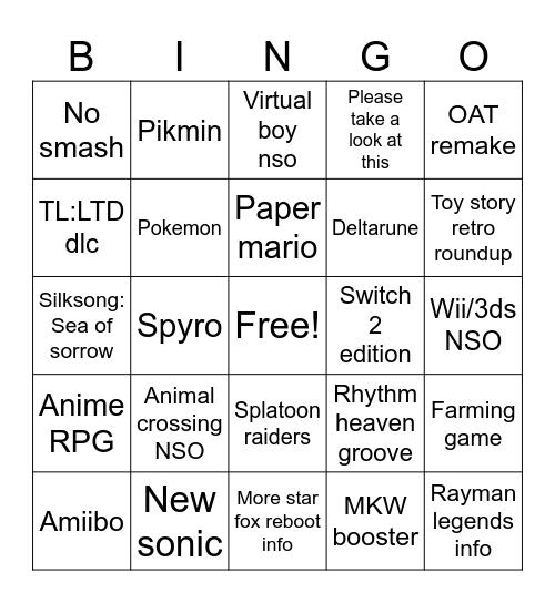 Nintendo direct bingo card Bingo Card