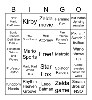 Nintendo Direct June 9th 2026 Bingo Card