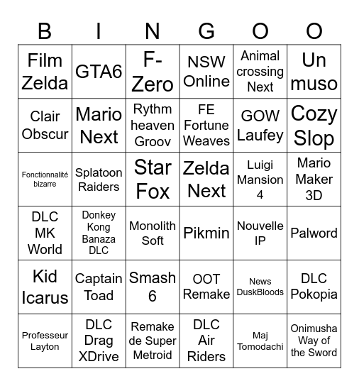 NINTENDO DIRECT Bingo Card