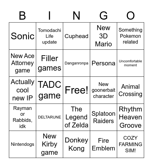 Nintendo Direct 9.6 Bingo Card
