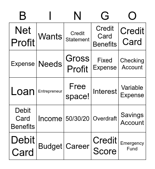 Personal Finance Bingo Card