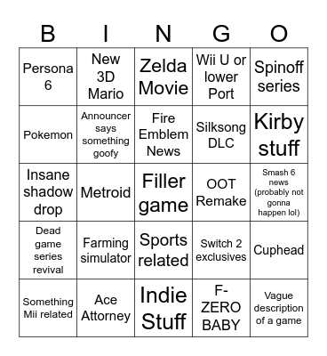 Nintendo Direct Bingo Card