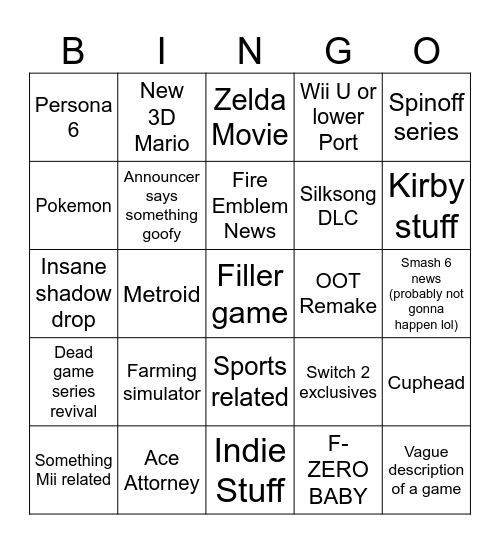 Nintendo Direct Bingo Card