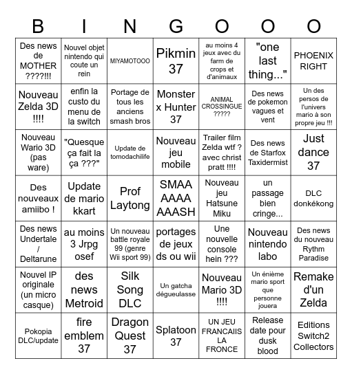 NINTENDO DIRECT 09/06/2026 Bingo Card