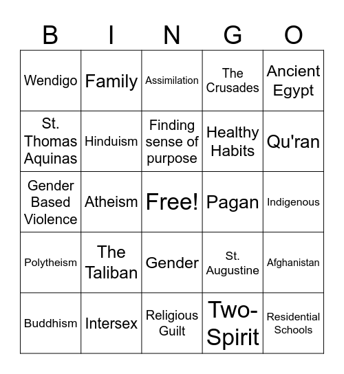 Influence of Religion Bingo Card