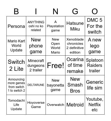 NINTENDO DIRECT Bingo Card