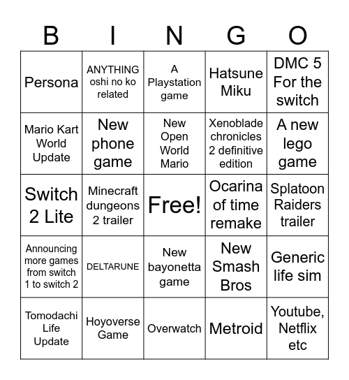 NINTENDO DIRECT Bingo Card