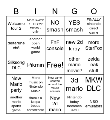 nintendo Bingo Card