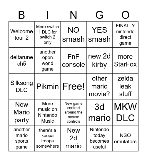 nintendo Bingo Card