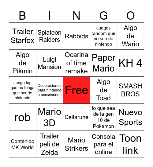 Nintendo direct Bingo Card