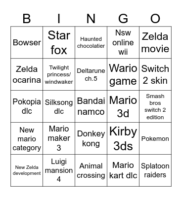 Nintendo direct Bingo Card