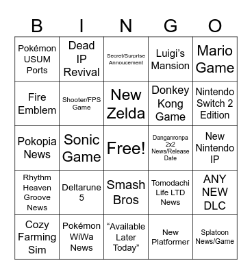 Nintendo Direct Bingo Card