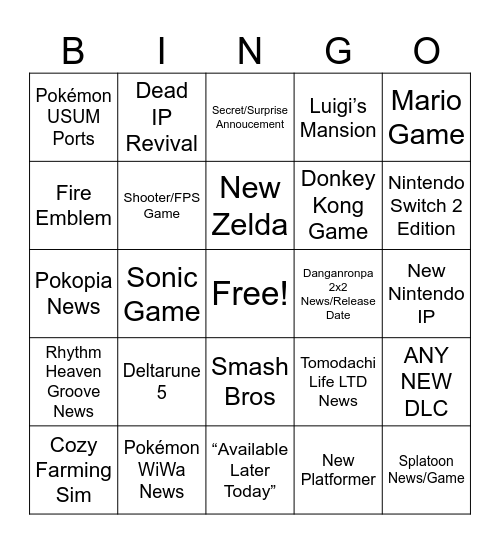 Nintendo Direct Bingo Card