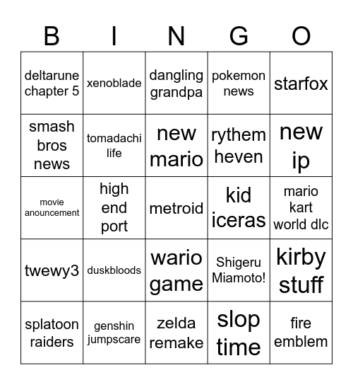 Direct Bingo slop Bingo Card