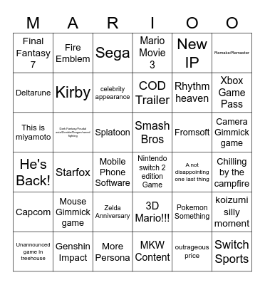 Nintendo Direct 6.9 Bingo Card