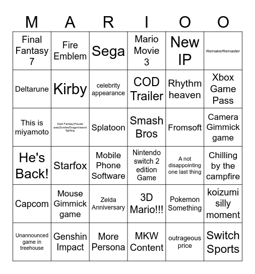 Nintendo Direct 6.9 Bingo Card