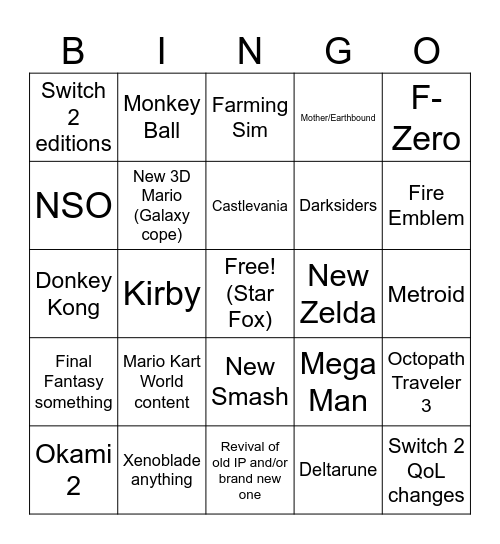 Chaos Nintendo Direct Bingo! Bingo Card