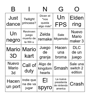 Nintendo Direct Bingo Card