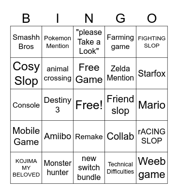 Nintendo Direct Bingo Card