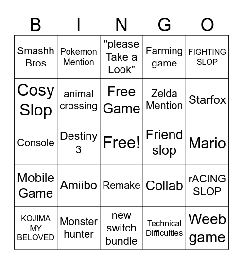 Nintendo Direct Bingo Card