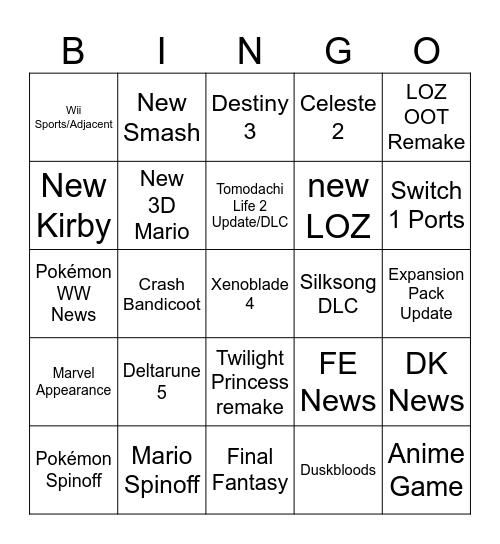 Nintendo Direct 6/9/26 Bingo Card