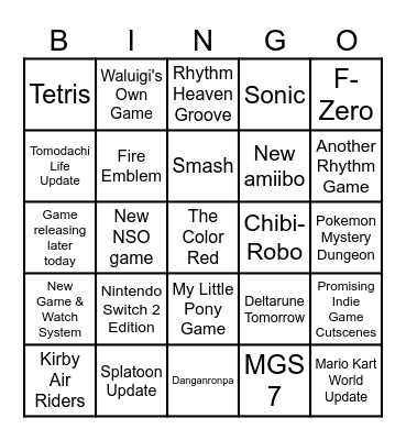 Nintendo Direct Bingo Card