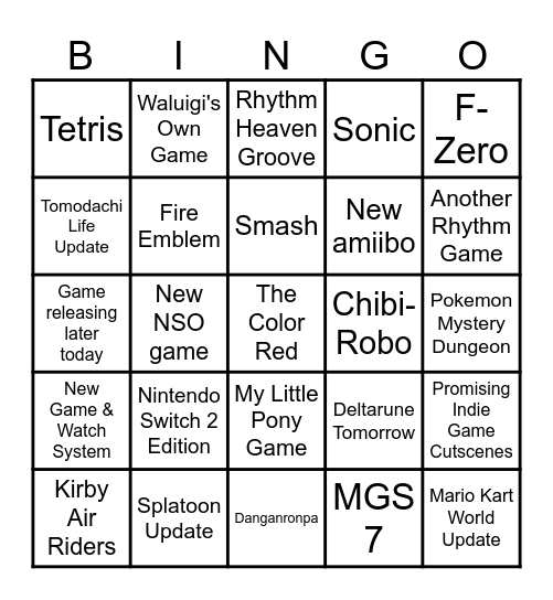 Nintendo Direct Bingo Card