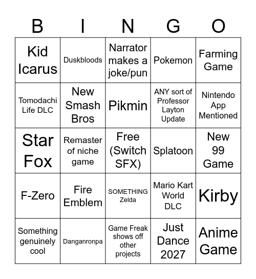 Nintendo Direct June 2026 Bingo Card