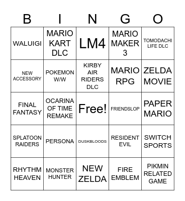 NINTENDO BINGO 6/9 Bingo Card