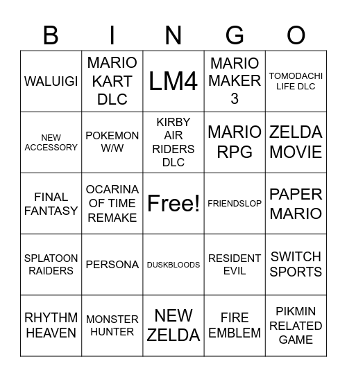 NINTENDO BINGO 6/9 Bingo Card