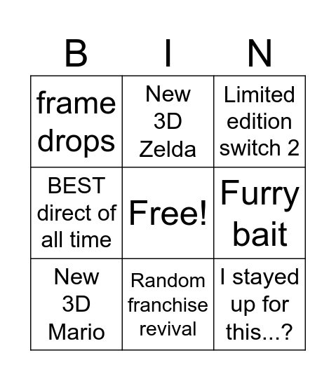 Nintendo Direct June 2026 Bingo Card