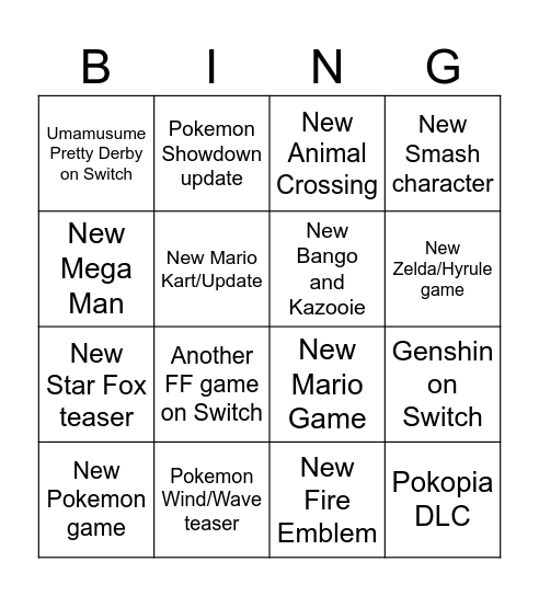 Nintendo Direct Bingo Card
