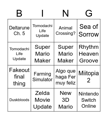 Nintendo Direct! Bingo Card