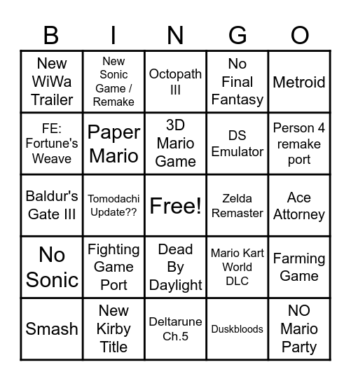 Nintendo Direct Bingo Card